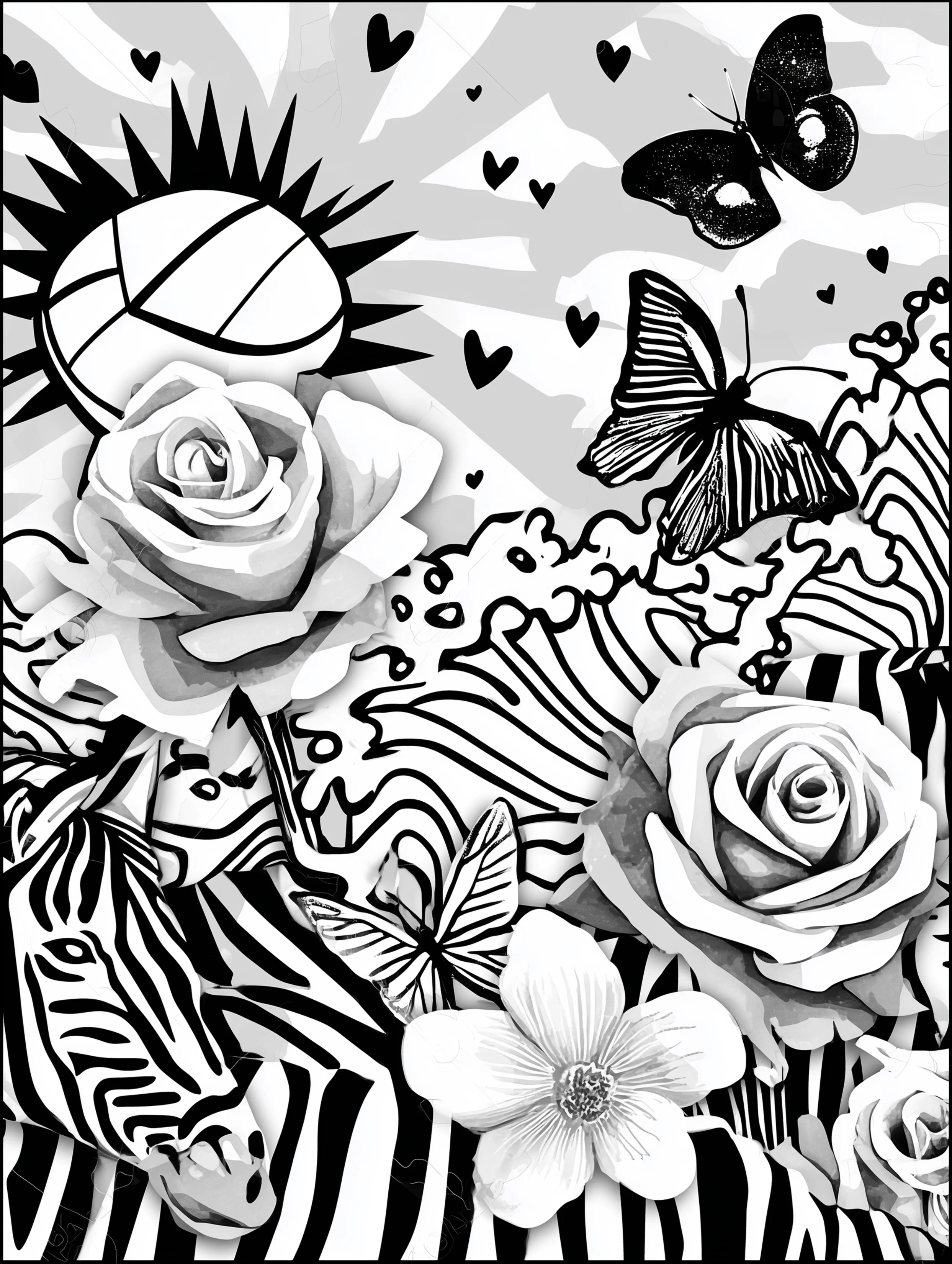 Free printable volleyball coloring page for adults featuring a floral volleyball scene with butterflies